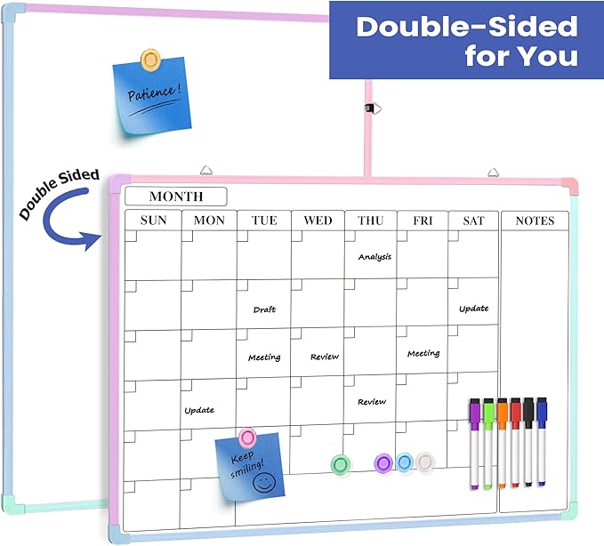 Monthly Whiteboard Calendar for Wall, 24" x 18" Dry Erase Board with Plastic Frame, Hanging Dry Erase Calendar with 3 Mini Sticky Notes for Kitchen Planner, Memo, Home and Office, Colorful