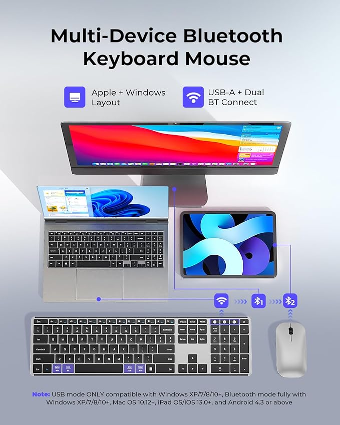 seenda Wireless Bluetooth Keyboard and Mouse Combo, SKM64-3 Rechargeable Slim Quiet Keyboard Mouse, 3 Multi-Device Connection, Compatible for Windows, Mac, MacBook, iPad, Tablet, Black Silver