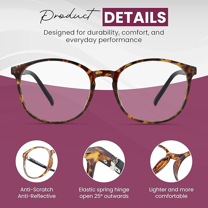 LifeArt Round Blue Light Blocking Glasses, Computer Glasses, Gaming Glasses, TV Glasses for Women Men (Tortoise, 1.50 Magnification)