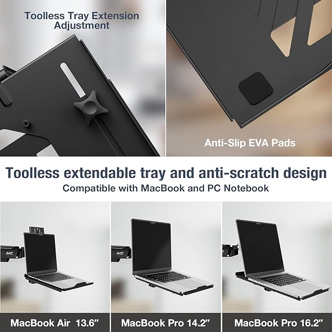 AVLT Adjustable Laptop Tray with Support for 120mm Fan Compatible with VESA 75x75 Monitor Arm - Fits Up to 17Inch Laptops - Weighs 4.41lbs, Black (Fan Not Included)