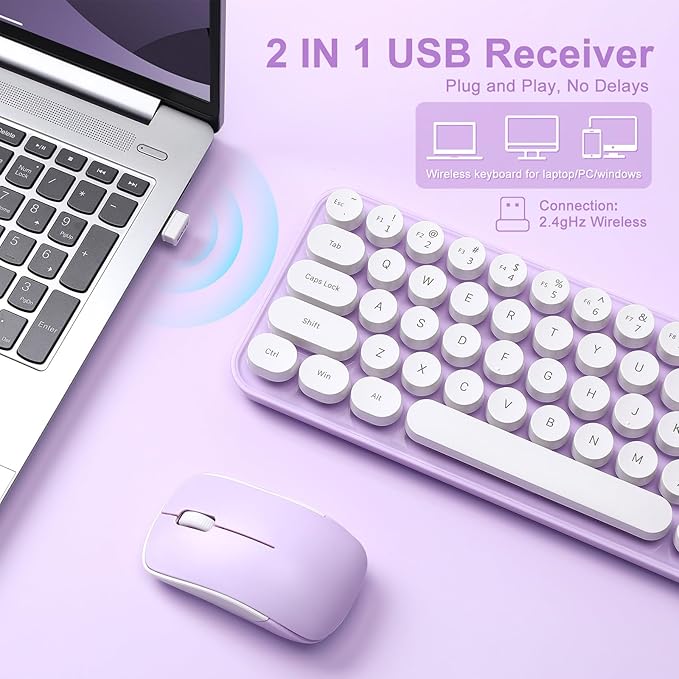 i68 Wireless Typewriter Keyboard and Mouse Combo,Purple Keyboard with 2.4GHz Connection, Cute Retro Aesthetic Design Round Keycaps for Tablet, Phone, PC and Win/Mac/Android(Purple)