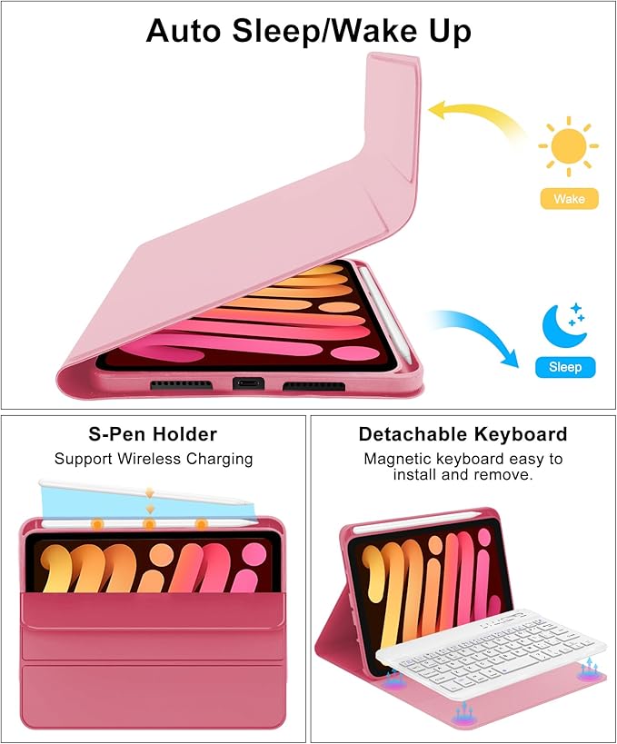 BORIYUAN iPad mini 7th Gen 2024 (A17 Pro) & iPad mini 6 Keyboard Case 2021, Detachable Wireless Bluetooth Keyboard Slim Folio Smart Cover with Pencil Holder for iPad mini 7th/6th Gen 8.3 inch - Red