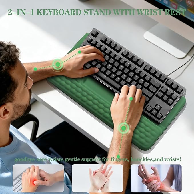 Keyboard Stand with Wrist Rest, Computer Wrist Support Pad, Ergonomic Comfy Tilted Keyboard Holder Lift Tray with Wrist Pad, Soft Memory Foam Desk Cushion for Office Home (Green)