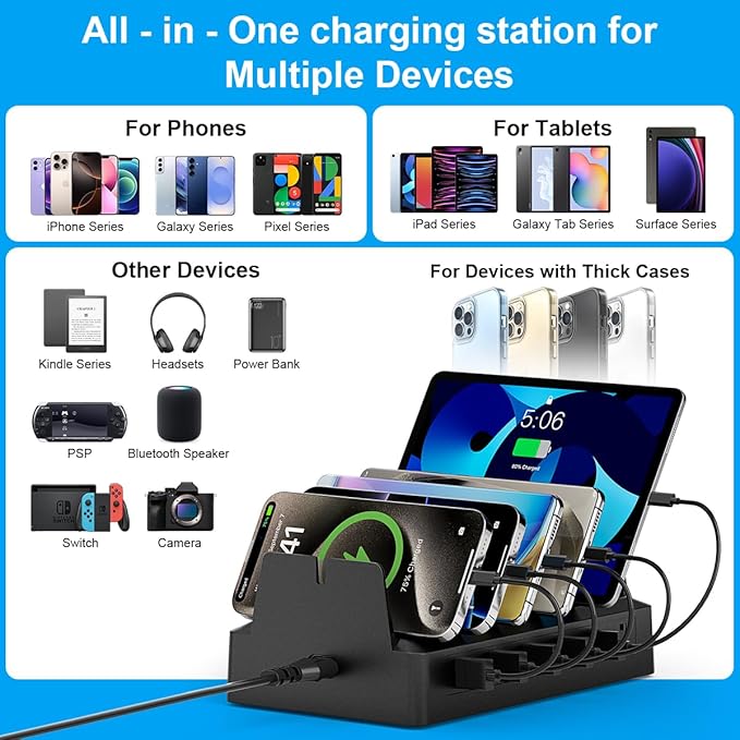 Charging Station for Multiple Devices, 6 Port USB Desktop Charger Dock Compatible with iPad, Samsung, Android, Tablet, Family Multi Phone Charging Organizer with Divider Holders, Fireproof ABS (White)