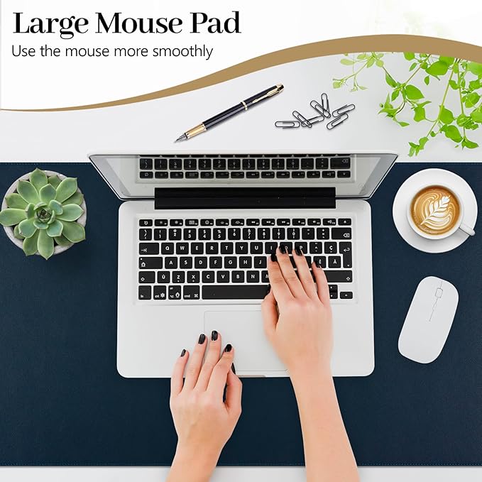 Dark Blue Leather Desk Mat Large Mouse Pad, Waterproof Desk Pad for Keyboard and Mouse, Non-Slip Computer Desk Protector, Smooth Mouse Movement Desk Mat for Home and Office(31.5"×15.7")
