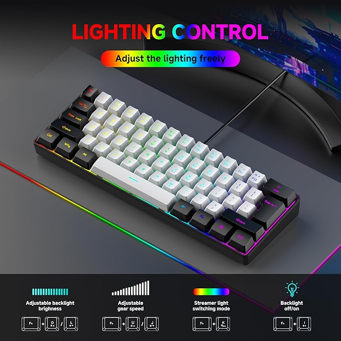 61-Key Compact RGB Gaming Keyboard – 60% Layout, Ergonomic Membrane Keys, 8-Color Backlight, Plug & Play for PC/Laptop (Windows 10/8/7)