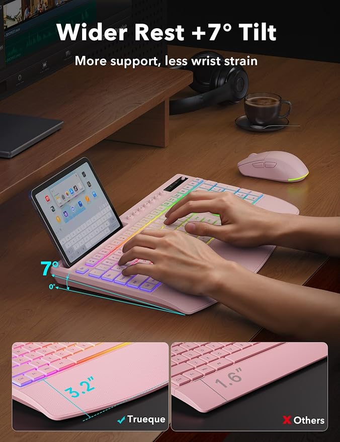 Trueque Wireless Keyboard and Mouse Combo, 4000mAh Rechargeable Backlit Keyboard with Wrist Rest & Phone Holder, Full Size Quiet Typing 2.4G USB-A/Type-C for PC Laptop Windows Mac (Pink)