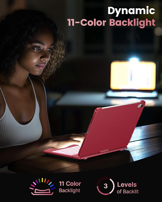 typecase Flexbook Keyboard Case for iPad 11th (A16, 2025) and iPad 10th Gen (10.9", 2022) – No Trackpad, 11-Color Backlight, 360° Rotatable, 7 Use Modes, Thin & Lightweight – Pink
