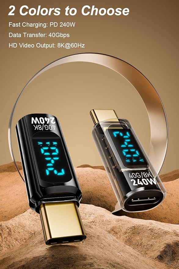 2 Pack USB C Adapter with Digital Display, PD 240W USB-C Male to Female Connector for iPhone 15 Series, iPad, MacBook, Support Voltage, Current and Power Smart LED Display (Transparent)