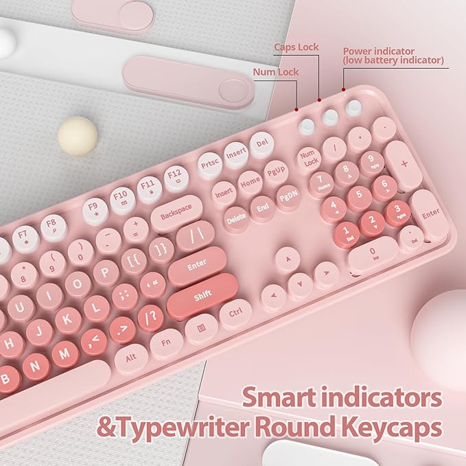 Cute Pink Keyboard and Mouse Combo Wireless, 2.4G Full Size 104-Key Retro Typewriter Keyboards Round Keys for Students Teenagers Home Office PC Laptop(Diary Pink)