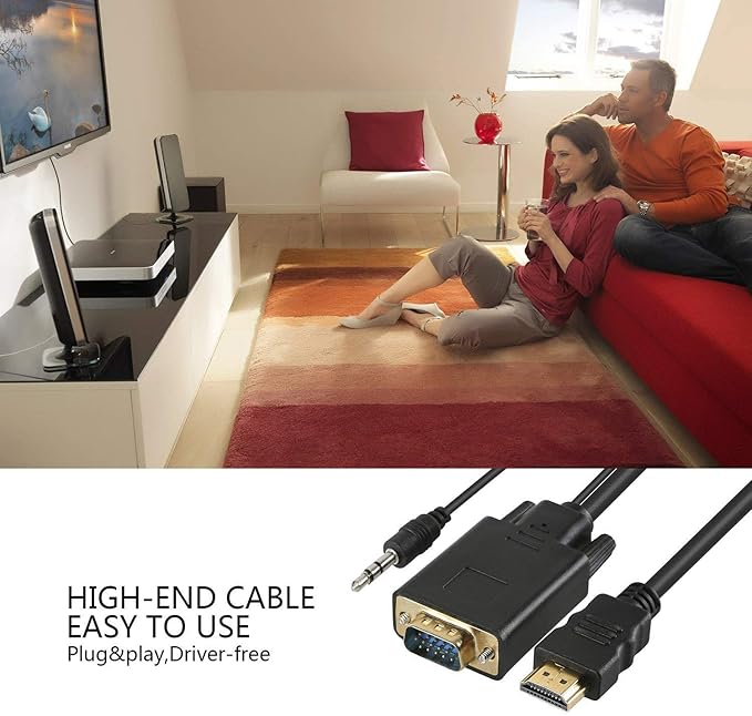 NewBEP HDMI to VGA Cable Adapter with 3.5mm Audio Cord, 1080P HD 6ft/1.8m Gold-Plated HDMI Male to VGA Male Active Video Converter Cord Support Notebook PC DVD Player Laptop TV Projector Monitor