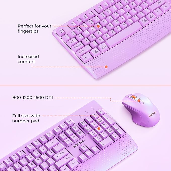 MEETION Wireless Keyboard and Mouse, Full-Sized Cordless Keyboard with Wrist Rest and 3 DPI Adjustable Mouse, 2.4G Wireless, Purple, for PC/Computer/Laptop/Windows/Mac