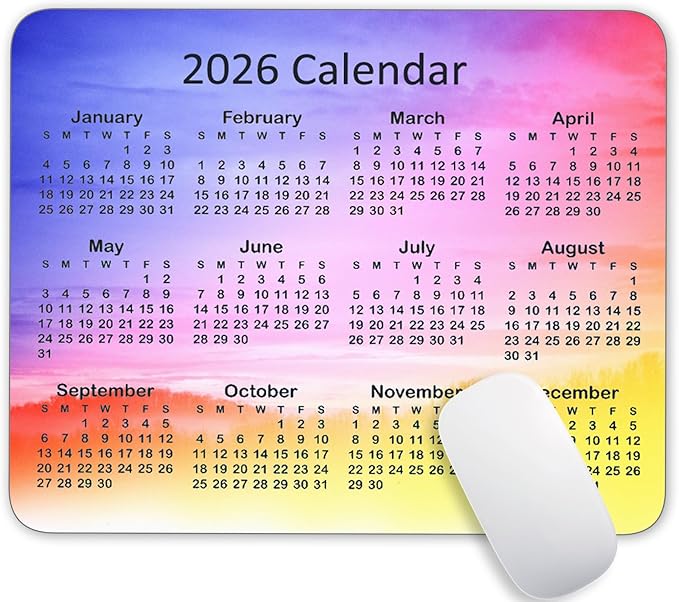 Calendar Mouse Pad, 2026 Watercolor Calendar Gaming Mouse Mat with Custom Design, Non-Slip Rubber Base MousePads for Office Home Laptop Travel, 9.5"x7.9"x0.12" Inch