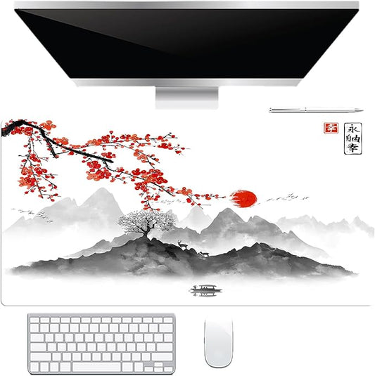 EOBTAIN Japanese Large Gaming Mouse Pad Cherry Blossom Keyboard Mat 31.5x15.7 Inch Mountain Landscape XXL Thin and Big Extended Desk Mat Smooth Non-Slip Rubber Mousepad Stitch Desk Accessories