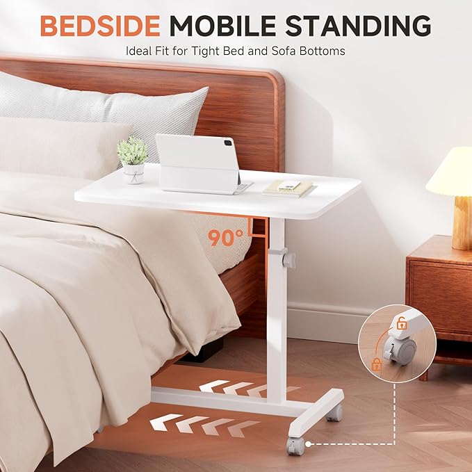 GTPLAYER Mobile Small Standing Desk, 24 inch Sit Stand Portable Rolling Laptop Desk with Lockable Wheels, Adjustable Height Overbed Bedside Table Computer Workstations, White