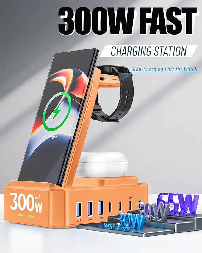 300W Wireless Charger for Samsung,Zutspzss 10 in 1 Wireless Charging Station, 65W USB C Fast Charging Stand for Samsung S25 Ultra/S24/S23/S22/Z Fold,Galaxy Watch Ultra7/6/5,Galaxy Buds,Orange