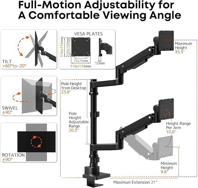Dual Monitor-Arm Heavy-Duty for 17-57-Inch Screens - 23.8'' Tall Vertical Dual Monitor Mount, Fully Adjustable Stacked Double Monitor Desk Mount Stand, Max Load 44 lbs/Screen, VESA 75/100 mm, Black