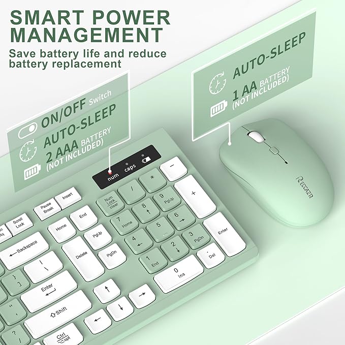 Wireless Keyboard and Mouse Combo, Full-Sized Wireless Keyboard and Adjustable DPI Mouse, 2.4GHz USB Receiver, Silent Keyboard and Mouse for PC, Windows, MAC, Desktop, Laptop (Avocado Green)