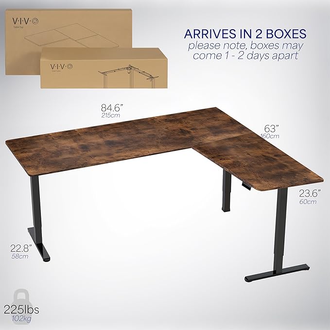 VIVO Corner Standing Desk, 84 x 63 inch Reversible L-Shaped Workstation, Electric Height Adjustment, Home, Office, and Reception Rooms, Rustic Vintage Brown Table Top Black Frame, DESK-E3CTBN-84