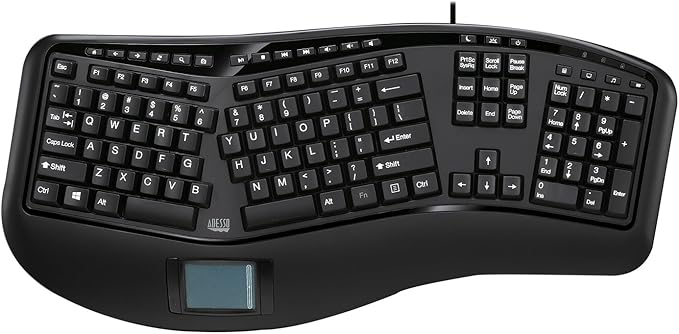 Adesso AKB-450UB - Ergonomic Keyboard with Built-in Touchpad & Palm Rest for Comfort, Wired USB, Multimedia Hotkeys, Split Keys Design - Compatible for PC