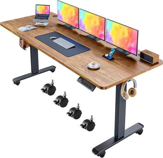 Electric Adjustable Standing Desk with Wheels, 63'' x 24''Sit Stand Desk with Dual Crossbeam Structure and Mouse Pad, 27''-46'' Lifting Range Stand up Desk(Brown)