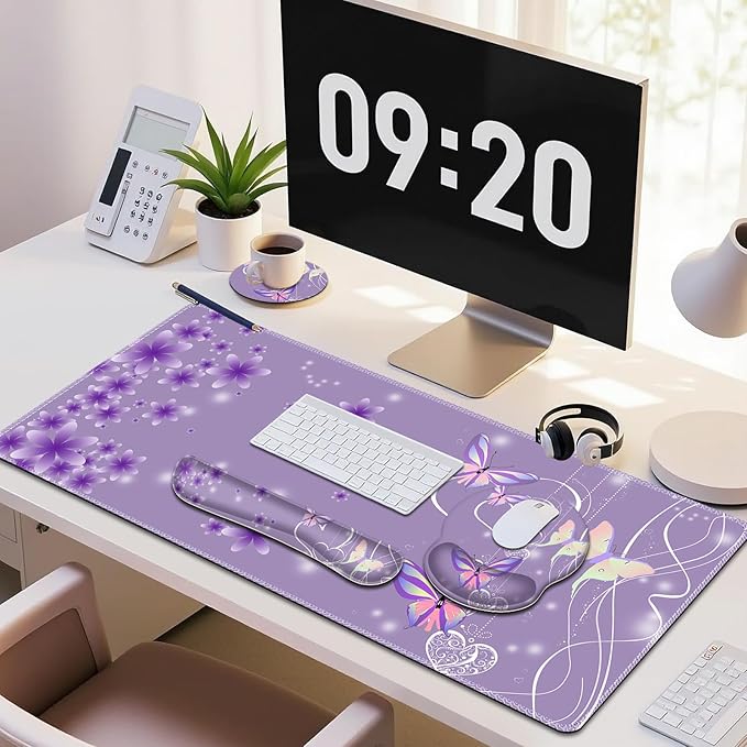 Purple Butterflies Florals Mouse Pad, XXL Large Desk Mat Extended Reading Desk pad, 4PCS Non-Slip Rubber Base Computer Big Mousepads for Work, Game, Office, Home Decor Girls Woemn Gifts Accessories