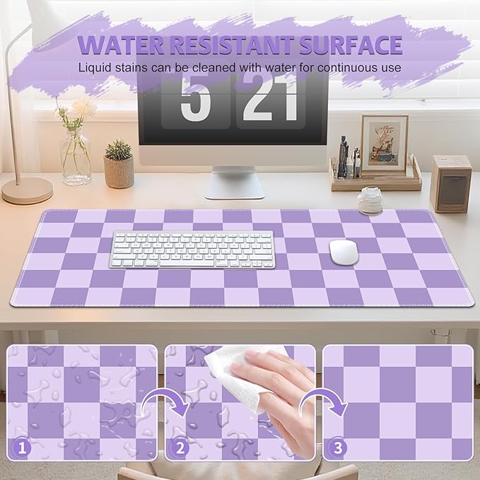 Desk Mat for Keyboard and Mouse, Large Non-Slip Mouse Pad Keyboard Pad, Computer Mats for Desktop, Cute Desk Pad with Stitched Edges for Office, Gaming I Pastel Purple Checkered
