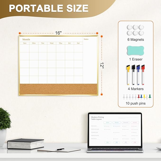 Small Dry Erase Calendar Whiteboard and Cork Board Combo, 16'' x 12'' Monthly White Board with Gold Aluminum Frame, Portable Calendar Board for Home Office School