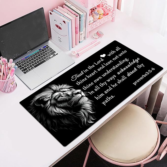 HVEST Lion Christian Mouse Pad, Inspirational Desk Mat,XXL Large Mouse Pad for Computer Keyboard Laptop, Mousepad with Non-Slip Rubber Base and Stitched Edge for Game, Office, Home 31.5'' x 15.7''