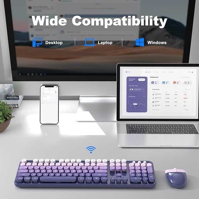 Wireless Keyboard and Mouse Combo, MOWUX Full Size Typewriter Retro Round Computer Keyboard, Cute Optical Mouse Wireless, Plug and Play, for Laptop, PC, Computer- Purple Gradient