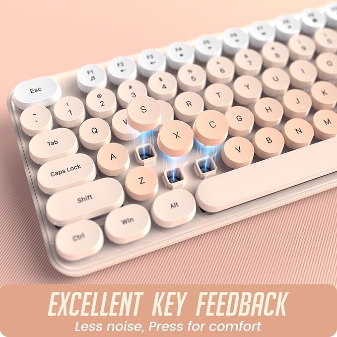 Wireless Keyboard and Mouse, Silent Keyboard Mouse Combo, Full-Sized Colorful Typewriter Keyboard with Round Keycaps, 2.4G Cute Mouse Compatible with PC/Laptop/Computer(Milk Tea)