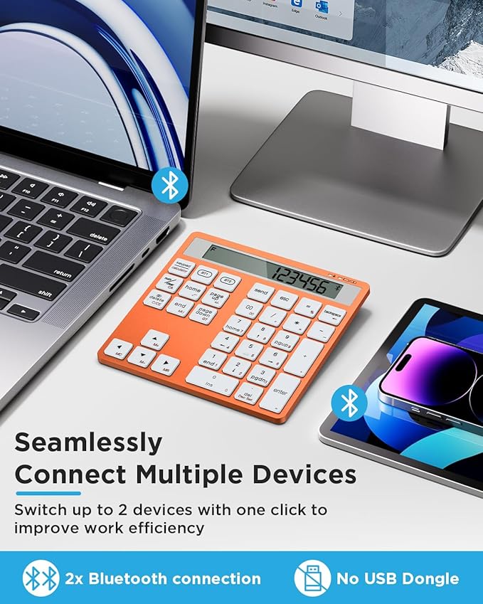 HoRiMe Number Pad for Laptop - Rechargeable Wireless Number Keypad 34 Keys with Dual Bluetooth, 2 in 1 Numeric Keypad Calculator with Display - Portable Slim Numpad for Windows, Mac, iMac, PC, Tablet