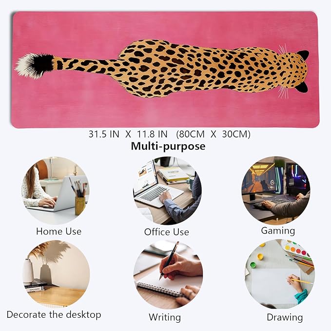 Pink Boho Cheetah Decor Desk Mat,XL Large Bold Leopard Animal Mouse Pad,Vibrant Retro Pop Art Cat Mousepad for Home Office Dorm Desktop Decor,31.5x11.8 Inch