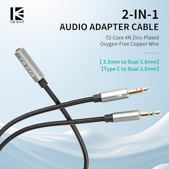 Headphone Splitter for Computer, KBEAR KA01 3.5mm Female to 2 Dual 3.5mm Male Braided Audio Adapter Cable, Y Splitter Audio Cable-Separate Microphone & Headphone Port Gaming Headset Earphone Adapter