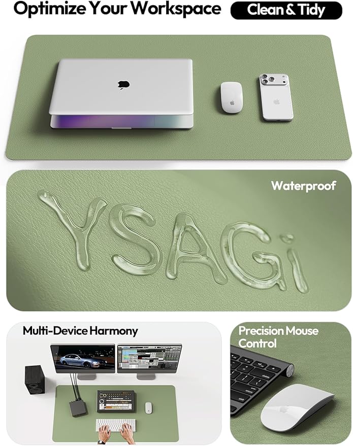 YSAGi Leather Desk Pad Protector, Office Desk Mat, Large Mouse Pad, Non-Slip PU Leather Desk Blotter, Laptop Desk Pad, Waterproof Desk Writing Pad for Office and Home (Bamboo Green, 23.6" x 13.8")