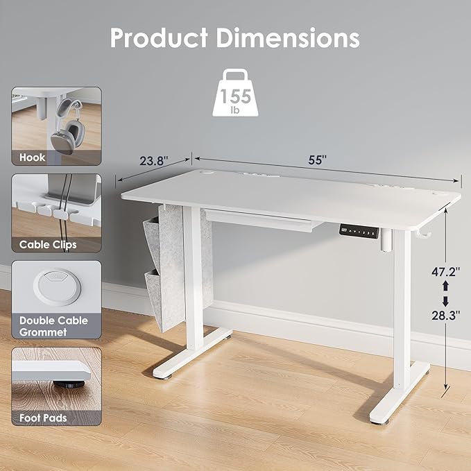55" x 24" Electric Standing Desk with Drawers, Height Adjustable Sit Stand Desk with 3 Preset Heights Side Hook Storage Pocket Cable Clips Ergonomic Rising Home Office Computer Table, White