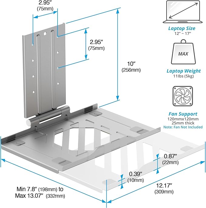 AVLT Adjustable Laptop Tray with Support for 120mm Fan Compatible with VESA 75x75 Monitor Arm - Fits Up to 17 Inch Laptop - Gray (Fan Not Included)