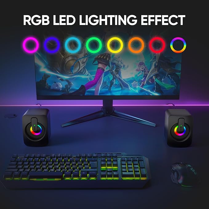 MELOGAGA RGB Computer Speakers, USB-Powered PC Speakers with 7-Color LED Backlight, 3.5mm Aux Compact Soundbar for Desktop, Laptop, Tablet – Crisp Audio & Space-Saving Design