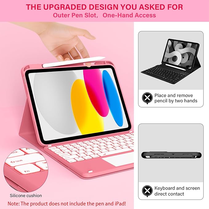 for iPad A16 11th 10th Case with Keyboard: Backlit Keyboard Case with Trackpad & Pencil Holder, Magnetic Detachable for Students Daily Learning & Note-Taking, Watermelon Red