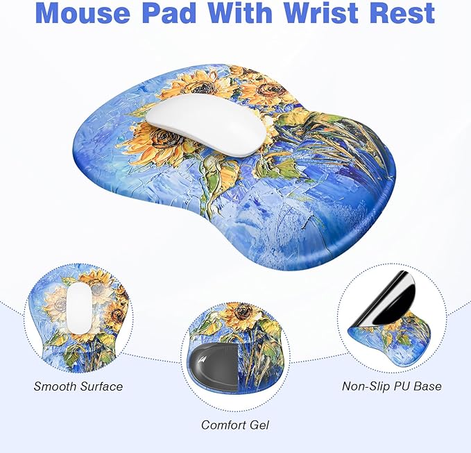 Ospelelf Keyboard Wrist Rest Set with Ergonomic Mouse Pad - 3-in-1 Memory Foam Support for Pain Relief, Office & Gaming with Coaster Blue Sunflower