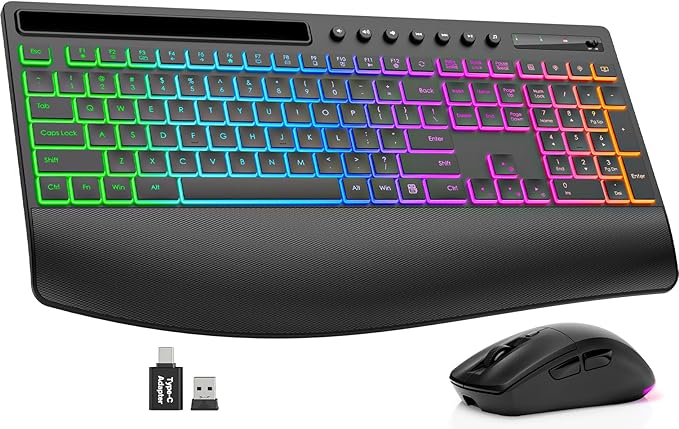 Trueque Wireless Keyboard and Mouse Combo, 4000mAh Rechargeable Backlit Keyboard with Wrist Rest & Phone Holder, Full Size Quiet Typing 2.4G USB-A/Type-C for PC Laptop Windows Mac (Black)
