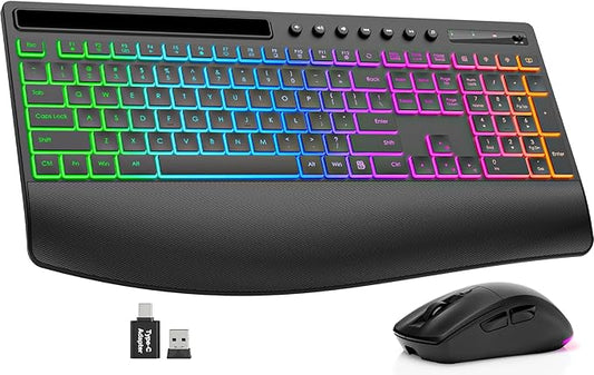Trueque Wireless Keyboard and Mouse Combo, 4000mAh Rechargeable Backlit Keyboard with Wrist Rest & Phone Holder, Full Size Quiet Typing 2.4G USB-A/Type-C for PC Laptop Windows Mac (Black)