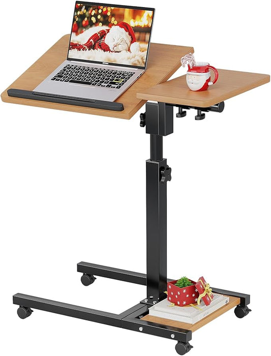 Laptop Desk Stand for Bed Portable Desk Overbed Bedside Mobile Laptop Table Rolling Foldable Table Adjustable Height with Locked Wheels & Mouse Pad for Office Sofa (Natural Color)