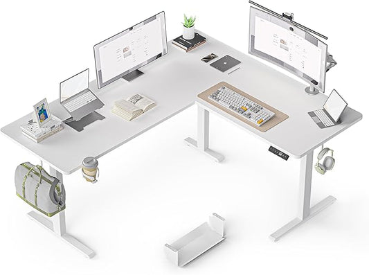 63 Inches Reversible L Shaped Standing Desk for Home Office, Electric Height Adjustable Corner Computer Desk, Sit Stand up Table with Cup Holder, Ergonomic Gaming Desk, White