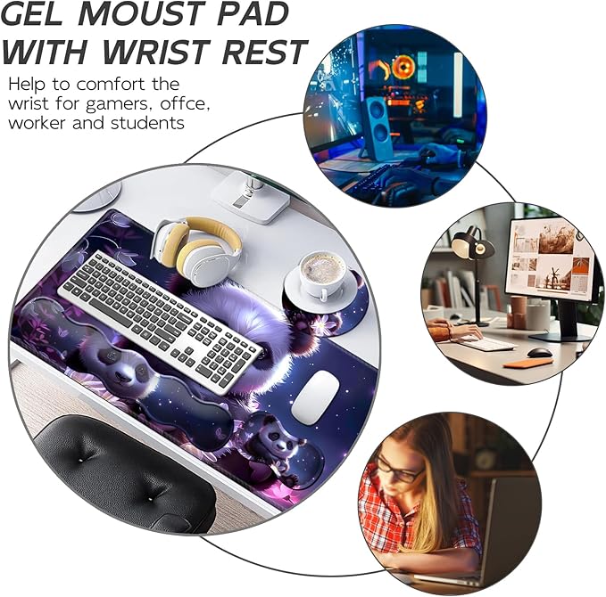 Gaming Mouse Pad Set, Cute Panda Large Desk Mat Mousepad, Keyboard Wrist Support, Mouse Wrist Rest, Coaster 4in1 Ergonomic Memory Foam, Non-Slip Stitched Edge for Home Office