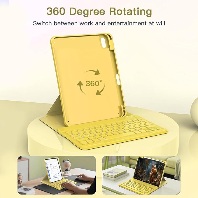 for iPad 11th(A16, 2025)/10th Generation Case with Keyboard, 360° Rotatable Case & Detachable Backlit Keyboard, Precision Cutouts and Pen Holder for iPad A16 11''/10th 10.9'', Yellow