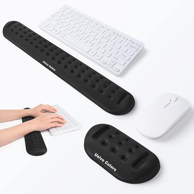 Univo Colors Black Keyboard Wrist Support and Mouse Wrist Rest Set, Made of Memory Foam Soft Gel, Ergonomic Pad for Computer, Laptop, Mouse, Office, Gaming