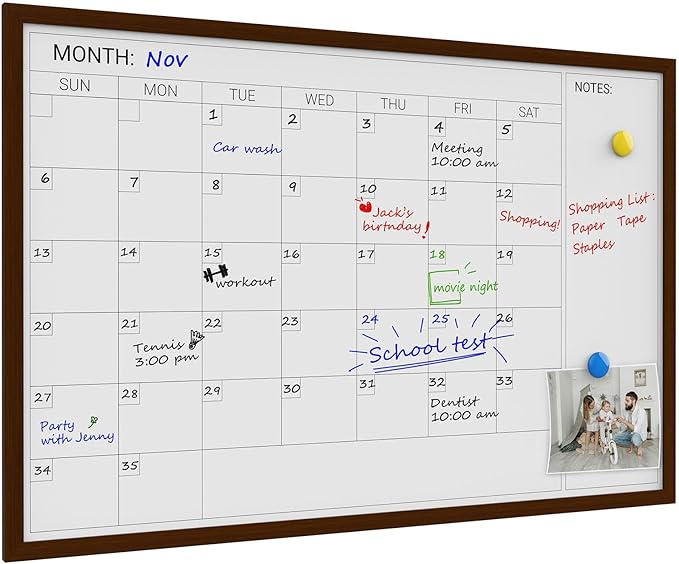 Comix Dry Erase Calendar Whiteboard for Wall, Magnetic Dry Erase White Calendar Board with Brown Wood Frame, 36 * 24 inches Decorative Planner Board for Office, Kitchen, School, Home