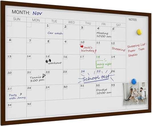 Comix Dry Erase Calendar Whiteboard for Wall, Magnetic Dry Erase White Calendar Board with Brown Wood Frame, 36 * 24 inches Decorative Planner Board for Office, Kitchen, School, Home