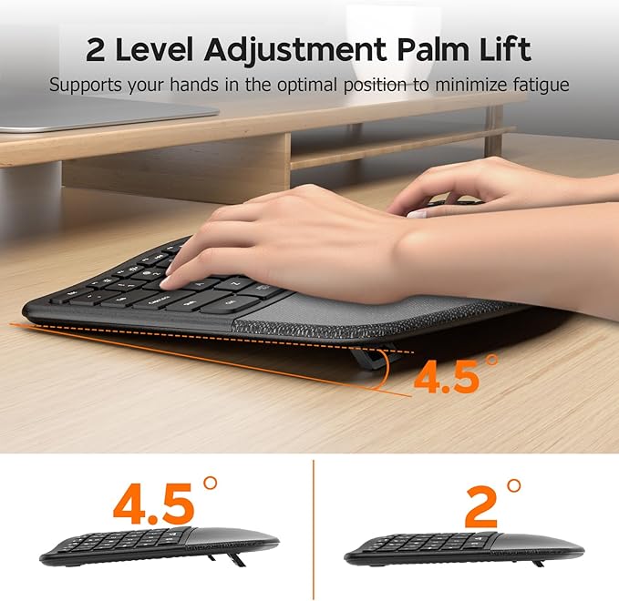 Micropack Wireless Ergonomic Split Keyboard with Cushioned Wrist Rest, Bluetooth & 2.4G Multi-Device Keyboard, USB-C Rechargeable, Quiet Scissor Switch for Mac, Windows & Office